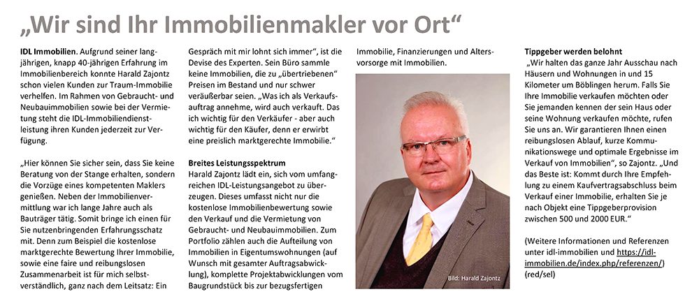 Presseartikel: Wir sind Ihr Immobilienmakler vor Ort – IDL Immobilien, Harald Zajontz