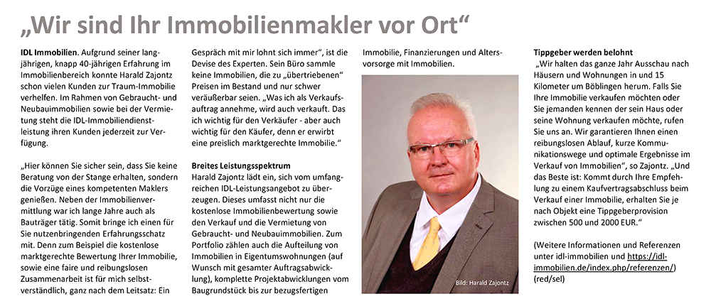 Presseartikel: Wir sind Ihr Immobilienmakler vor Ort – IDL Immobilien, Harald Zajontz